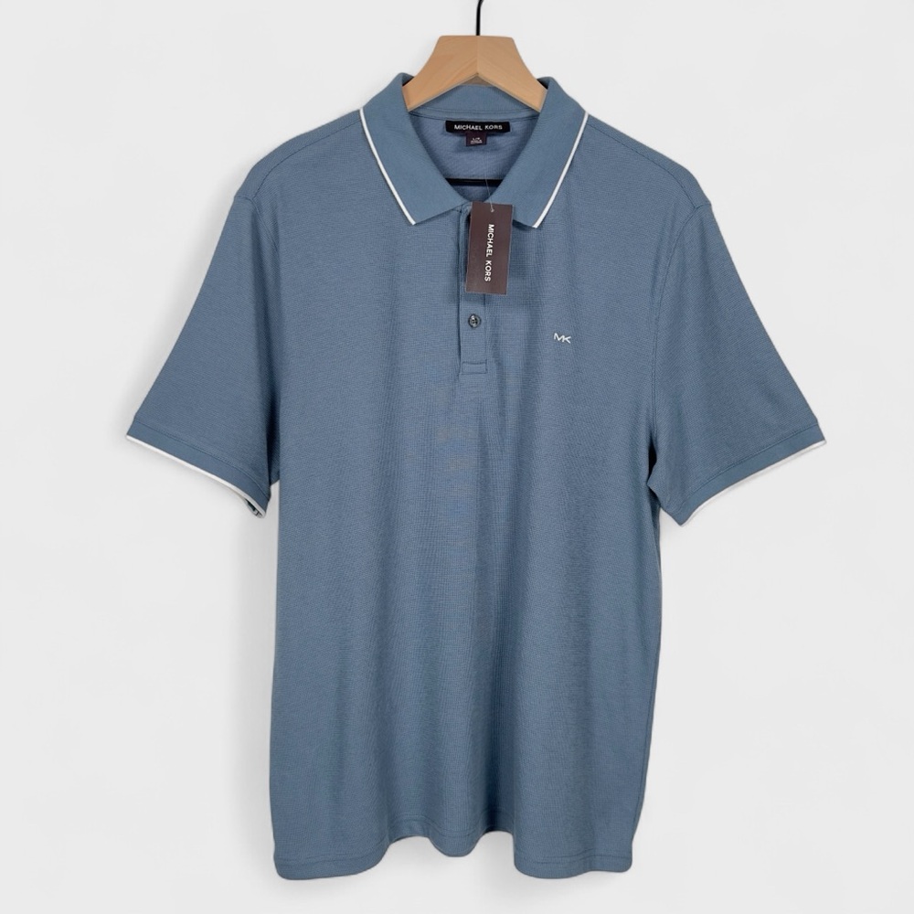 Michael Kors Mens Large Blue Short Sleeve Tipped Collar Polo Shirt NWT - Picture 2 of 10